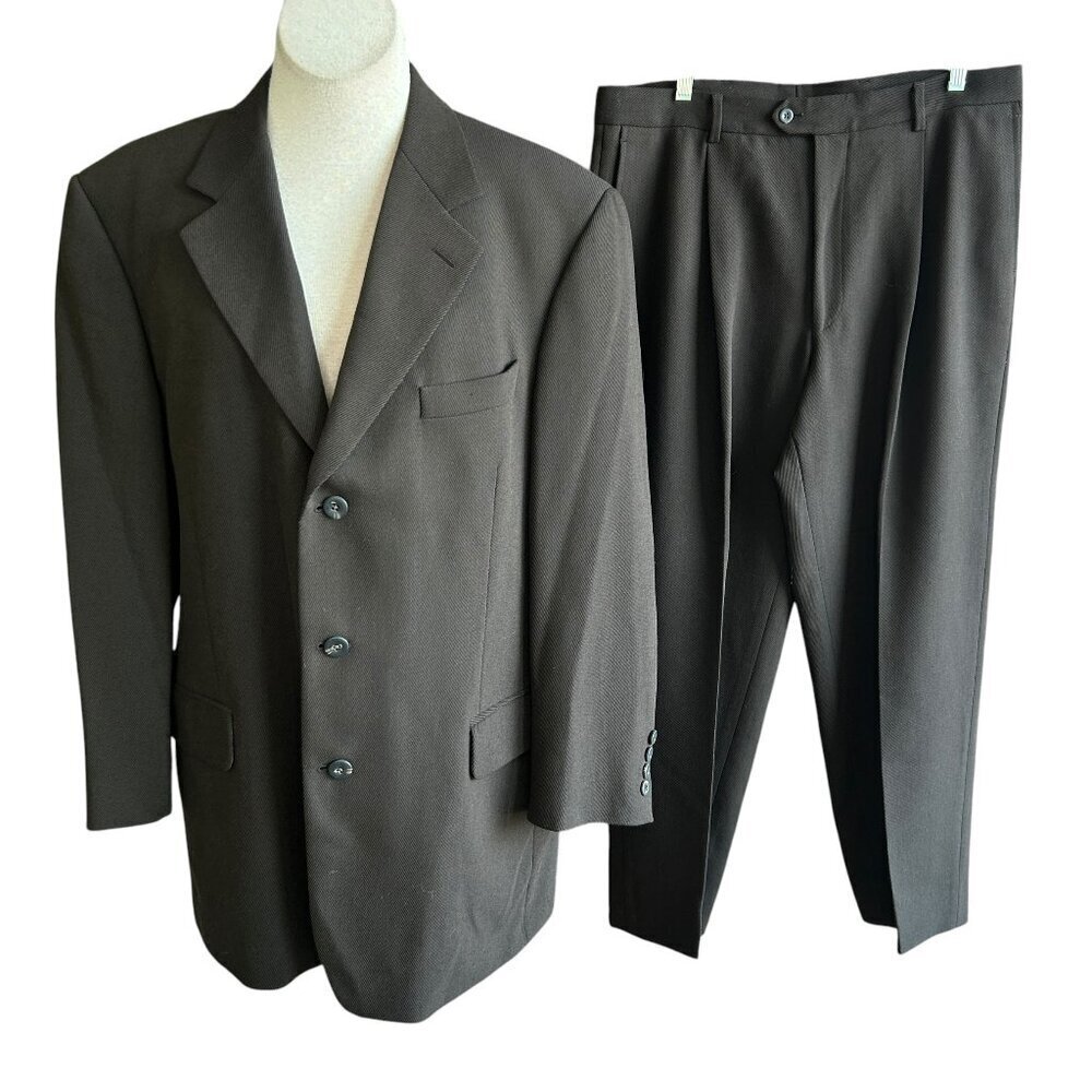 Expert by Evergreen Brown Twill Wool Suit 3 Button Blazer Pleated Pants 42/36